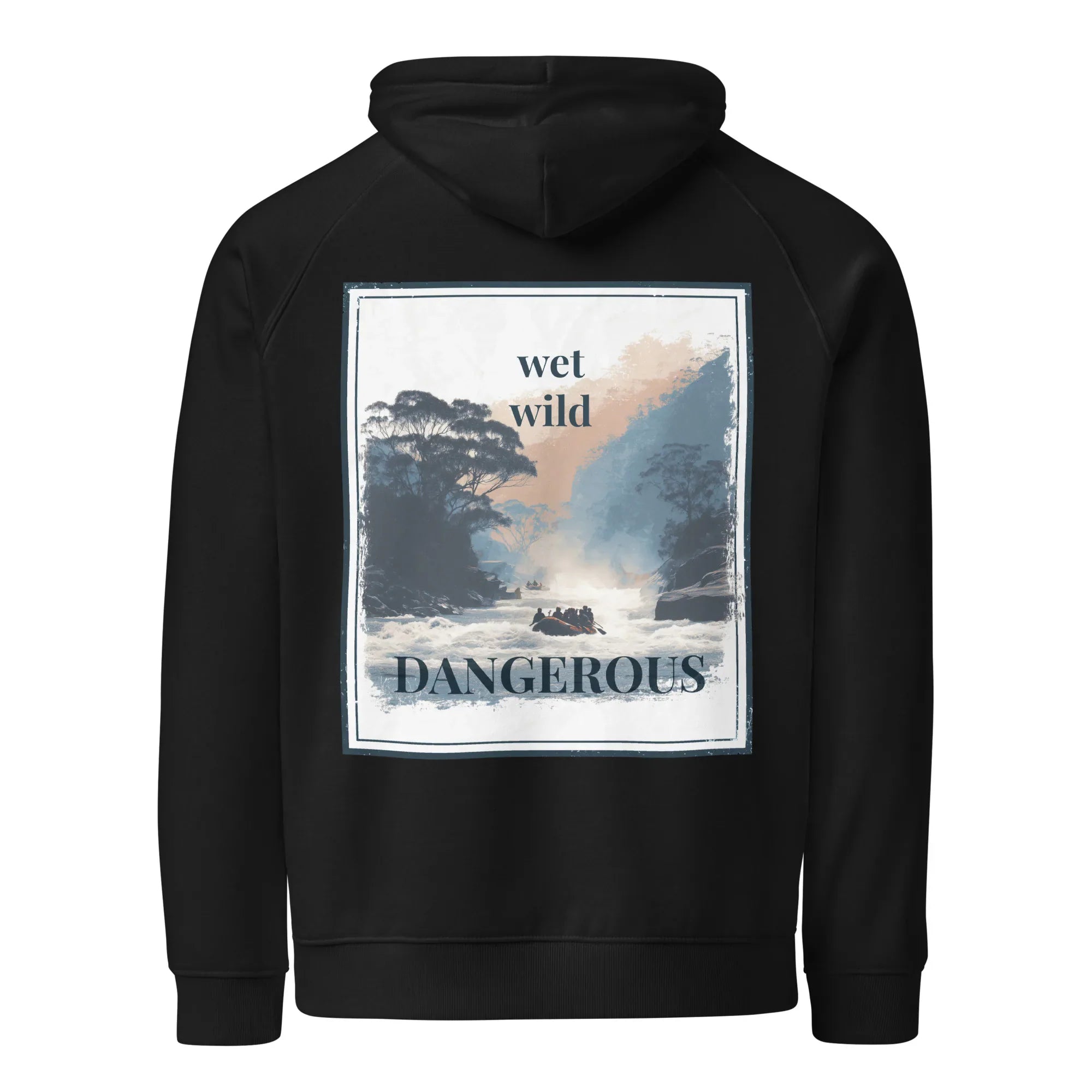Black hoodie with back graphic print inside square: wet wild, DANGEROUS