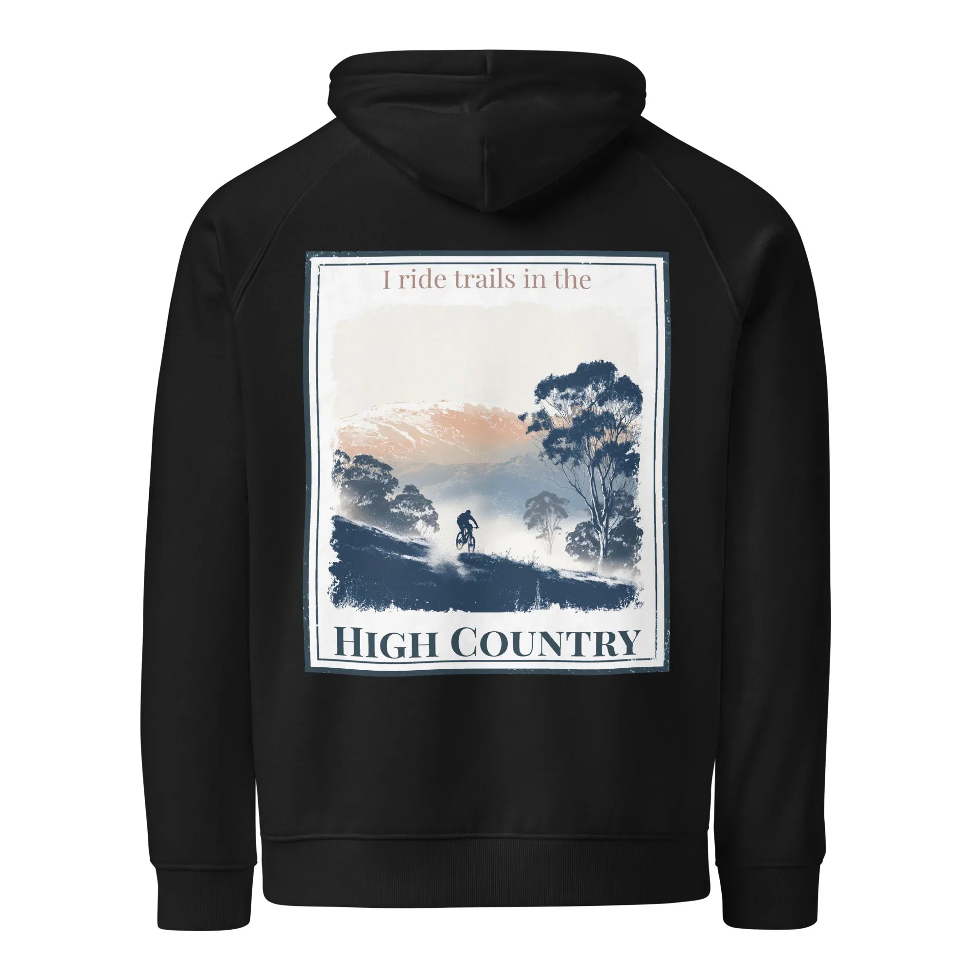 Black hoodie, back view, with square scenic graphic and “High Country” text