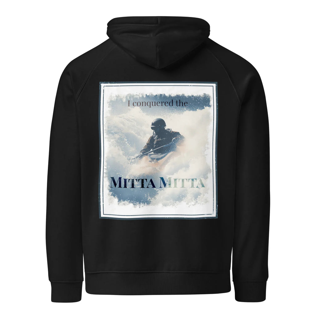 Black hoodie with front center square graphic and drawstring hood