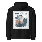Black eco hoodie with large square Wild East back graphic and trees print