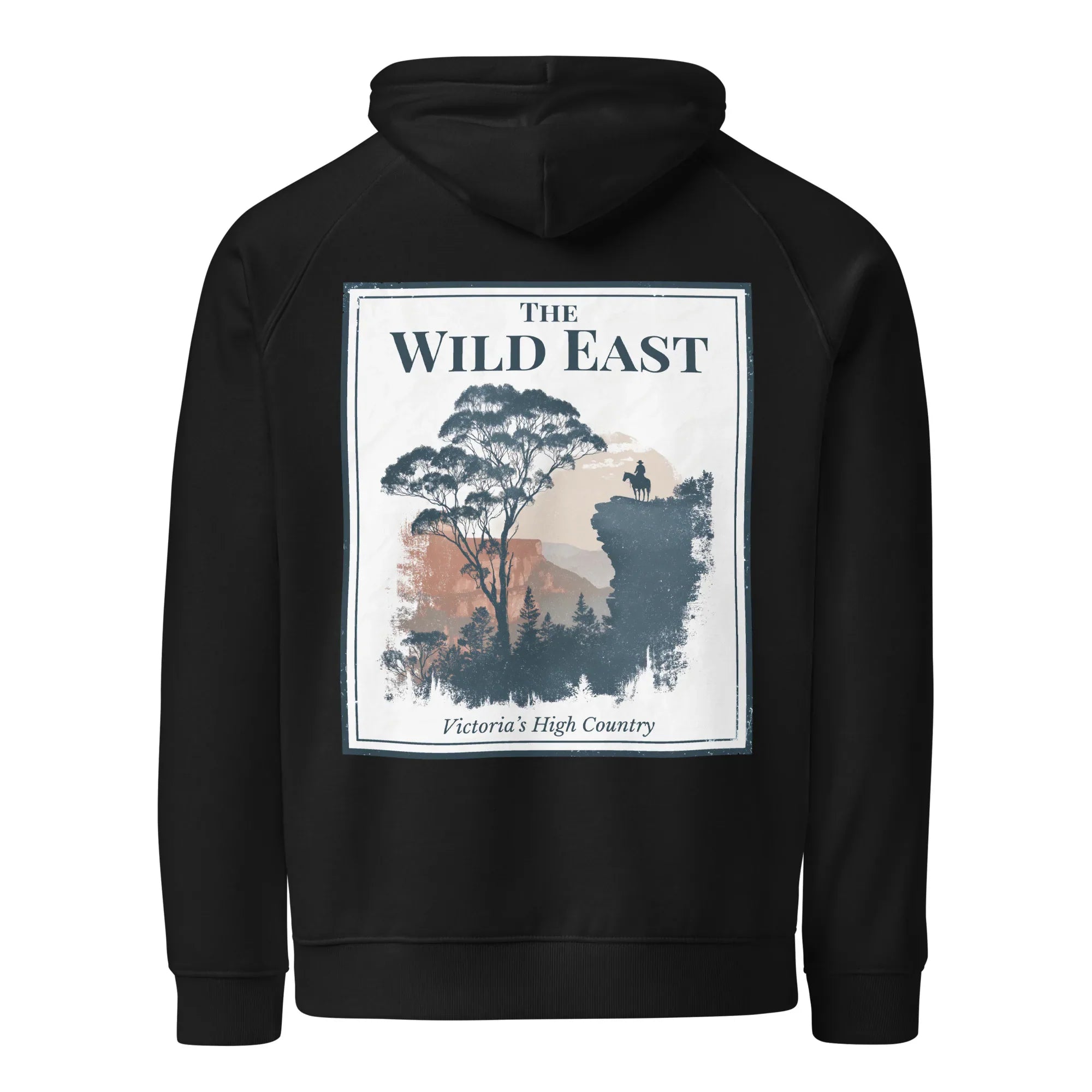 Black eco hoodie with large square Wild East back graphic and trees print