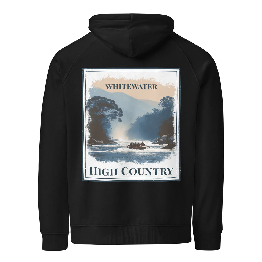 Eco hoodie in black, back view, with large “WHITEWATER” and “HIGH COUNTRY” print
