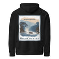 Eco hoodie in black, back view, with large “WHITEWATER” and “HIGH COUNTRY” print