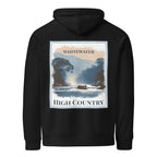 Eco hoodie in black, back view, with large “WHITEWATER” and “HIGH COUNTRY” print