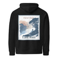Black hoodie with back graphic print; text reads "First Chair" and "Last Run"