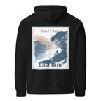 Black hoodie with back graphic print; text reads "First Chair" and "Last Run"