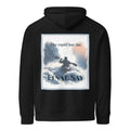 Black eco hoodie with hood, kangaroo pocket, and back graphic print