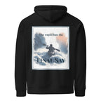 Black eco hoodie with hood, kangaroo pocket, and back graphic print