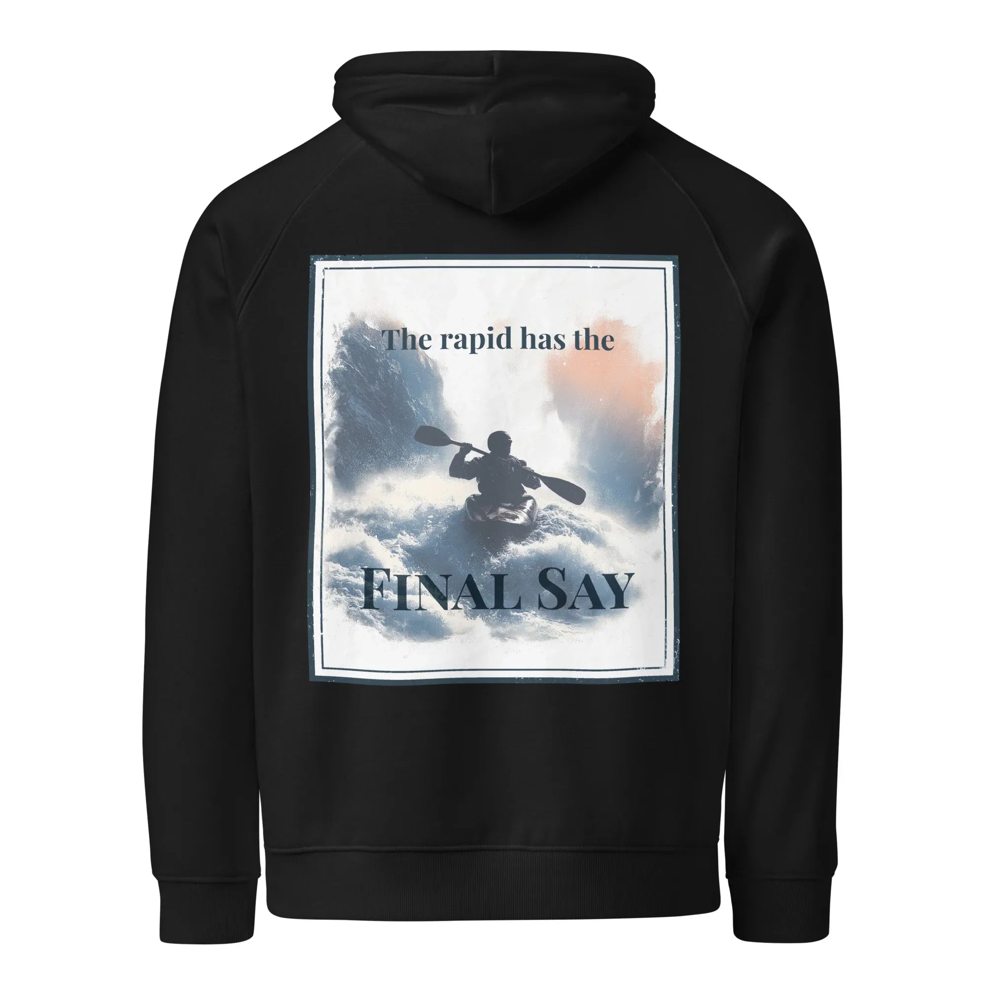 Black eco hoodie with hood, kangaroo pocket, and back graphic print