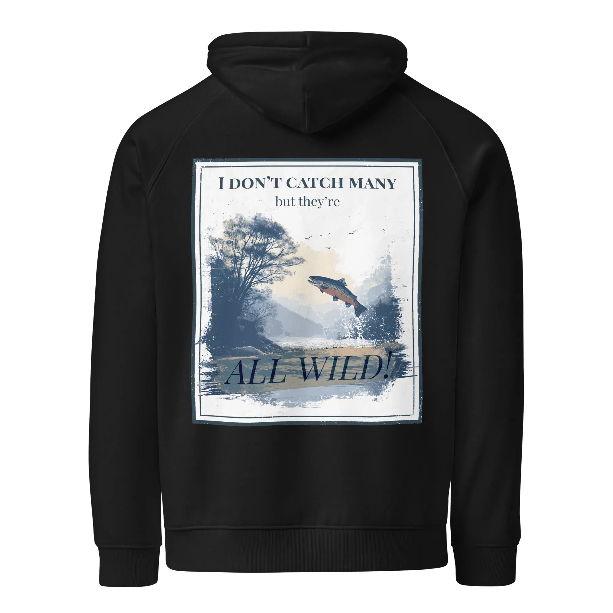 Black hoodie with large back rectangular nature graphic and hood