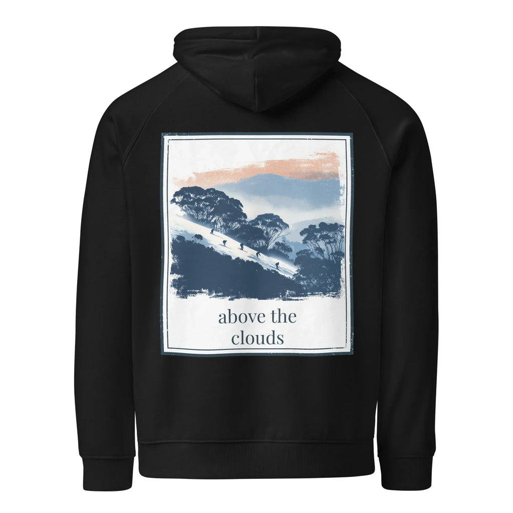 Black hoodie with hood and large back square graphic print, 'above the clouds'.