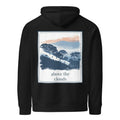 Black hoodie with hood and large back square graphic print, 'above the clouds'.