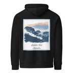 Black hoodie with hood and large back square graphic print, 'above the clouds'.