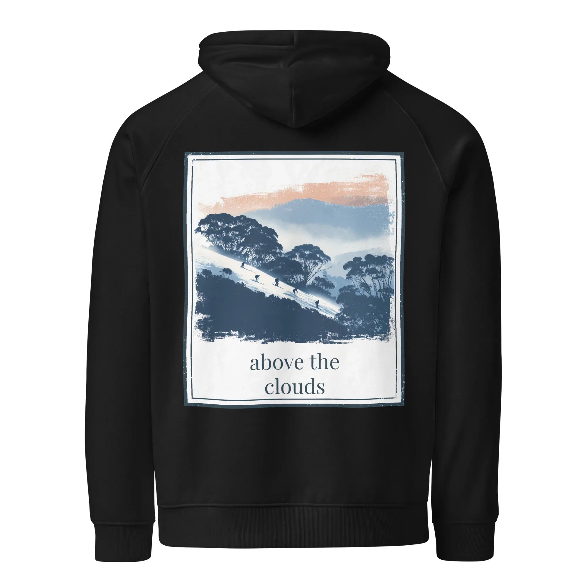 Black hoodie with hood and large back square graphic print, 'above the clouds'.