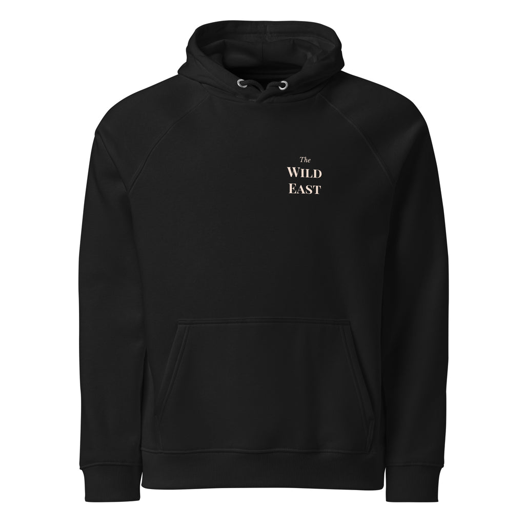 Black eco hoodie with small Wild East chest text and front pocket