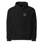 Black eco hoodie with front pocket, drawstring hood, small logo text