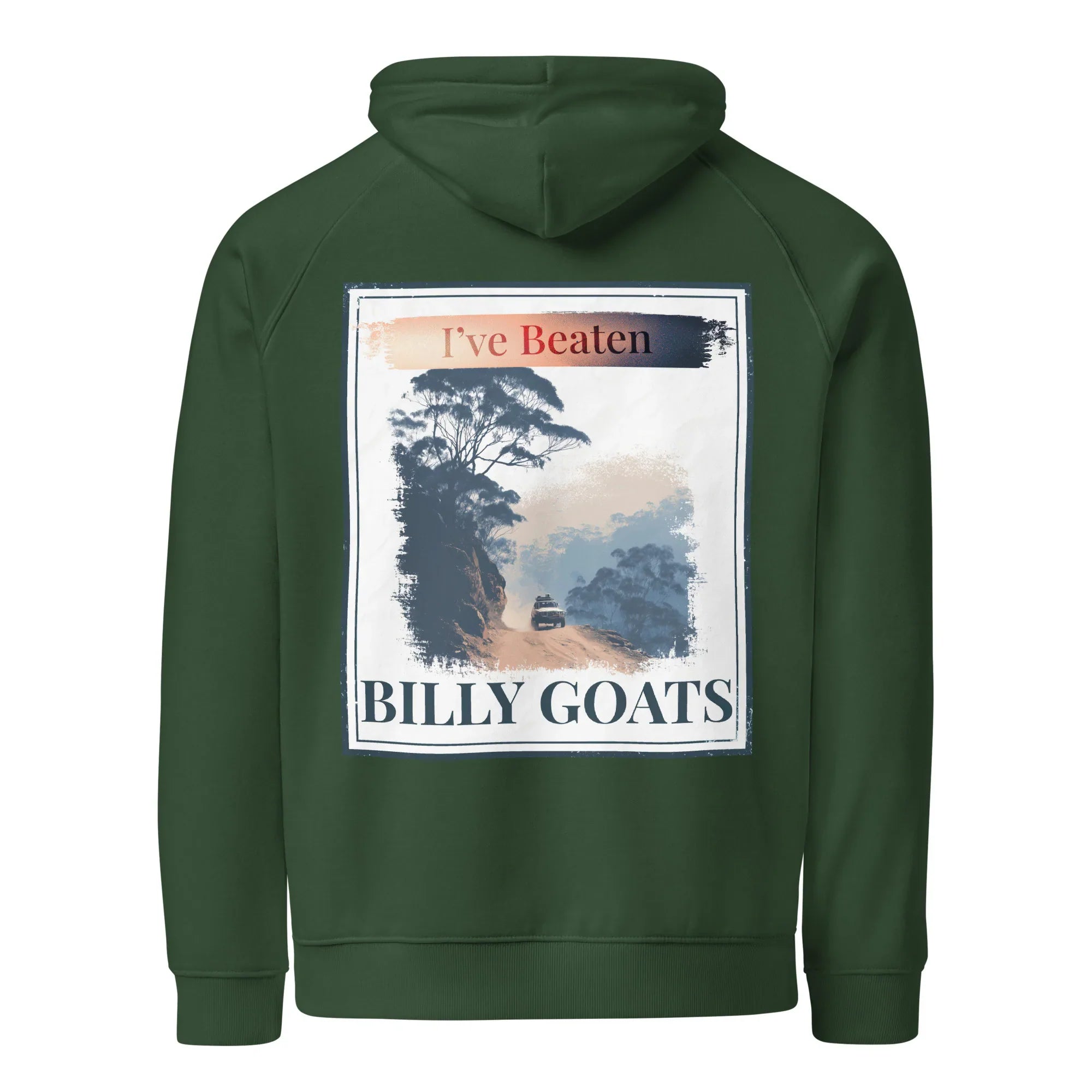 Bottle green eco hoodie with hood and large back graphic, “BILLY GOATS” text