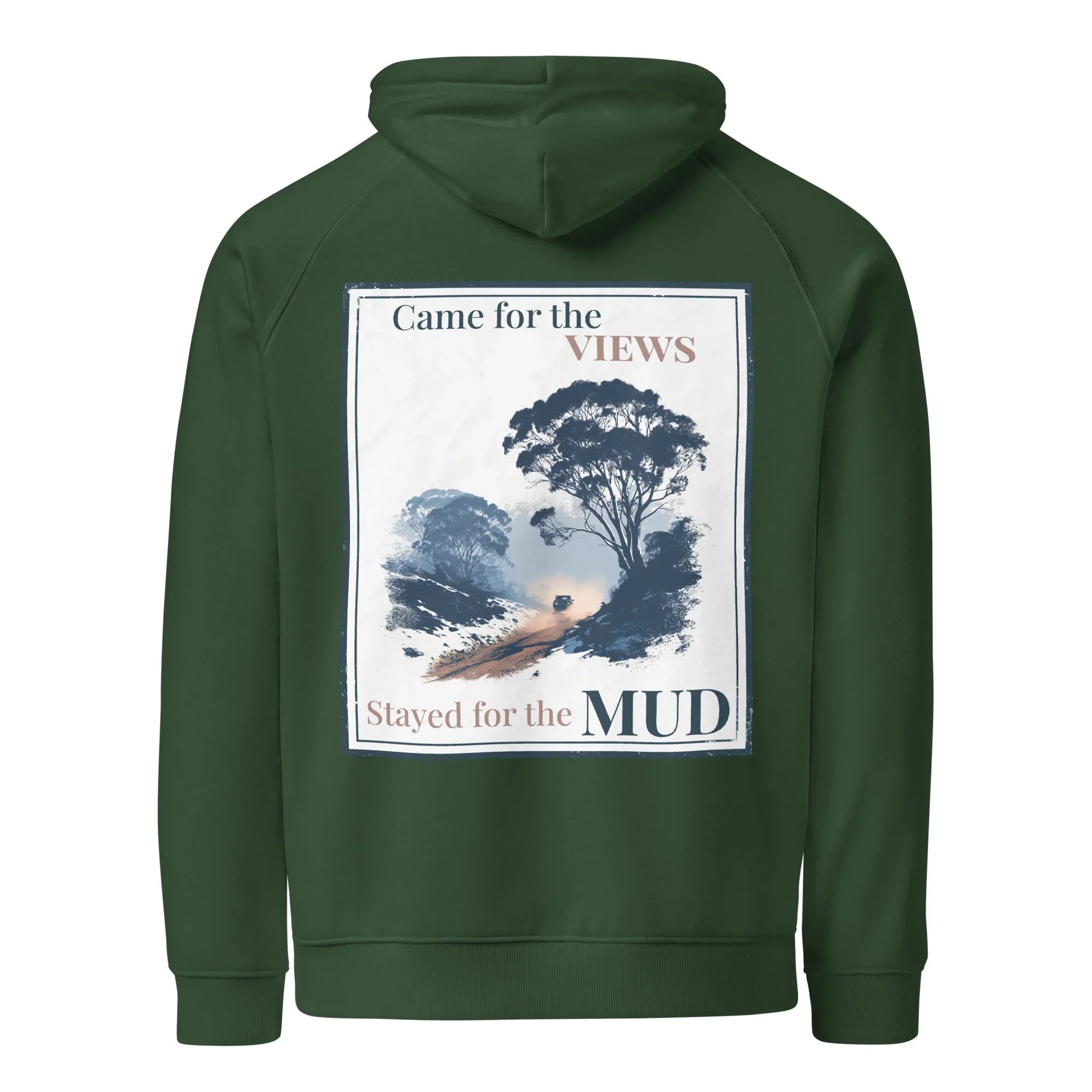 Bottle green hoodie with back graphic panel print, hood, and kangaroo pocket
