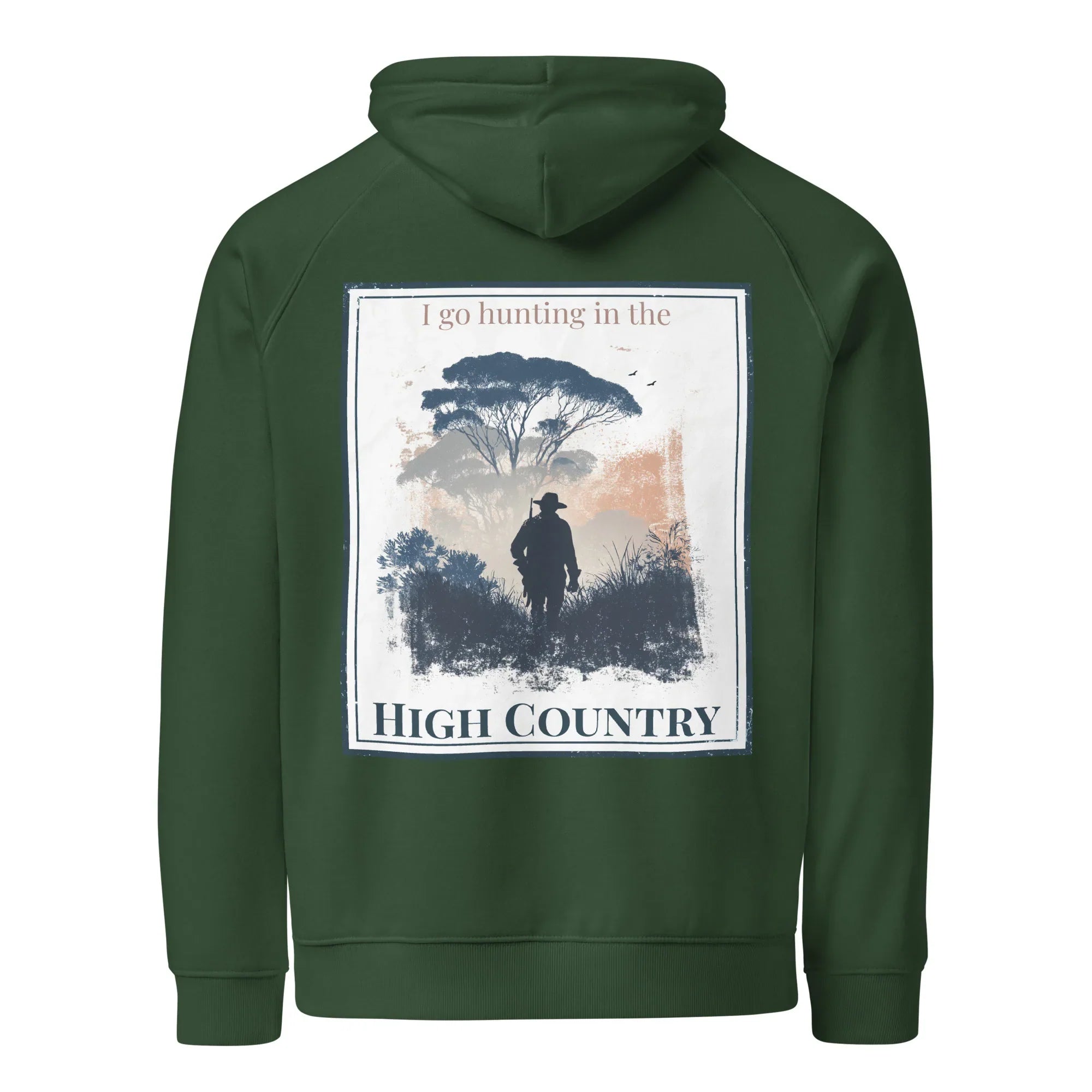 Bottle green hoodie, back view with hood, front pocket, and square hunting-themed graphic