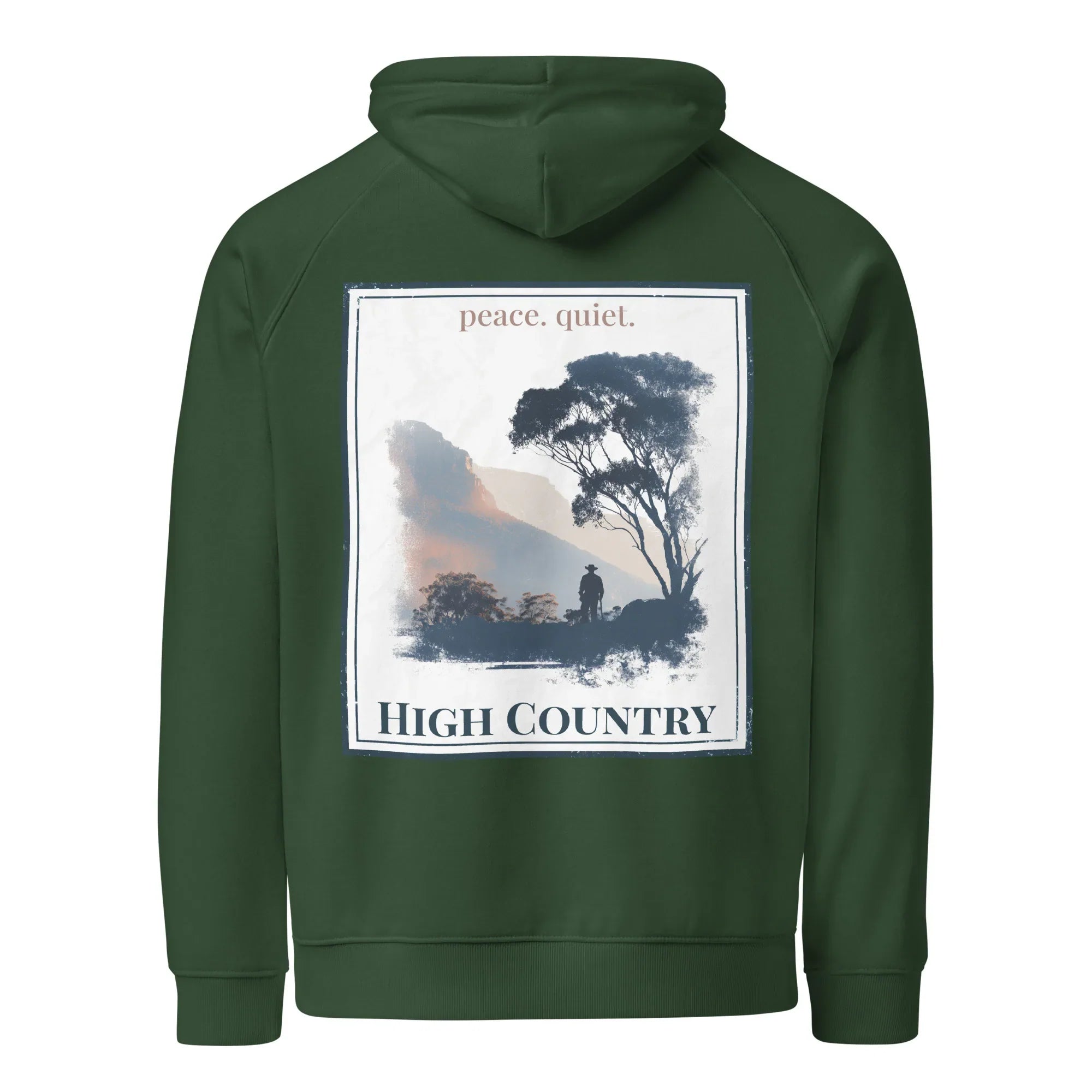 Bottle green hoodie with back graphic print, hooded sweatshirt style, framed landscape artwork.