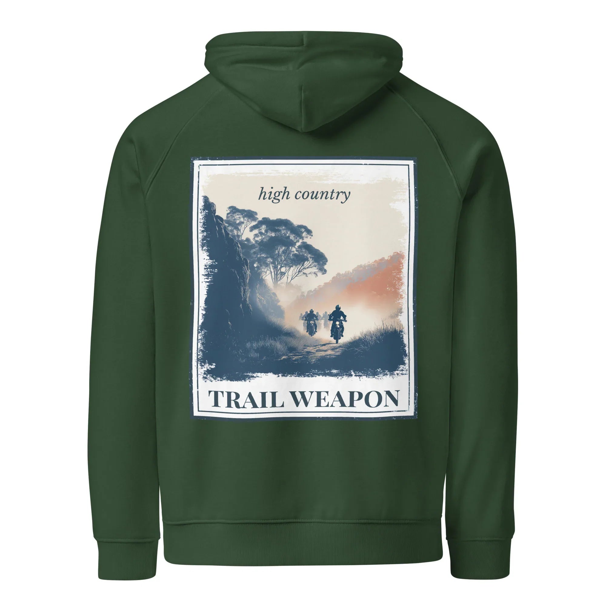Eco hoodie in bottle green with hood and kangaroo pocket, framed back landscape graphic