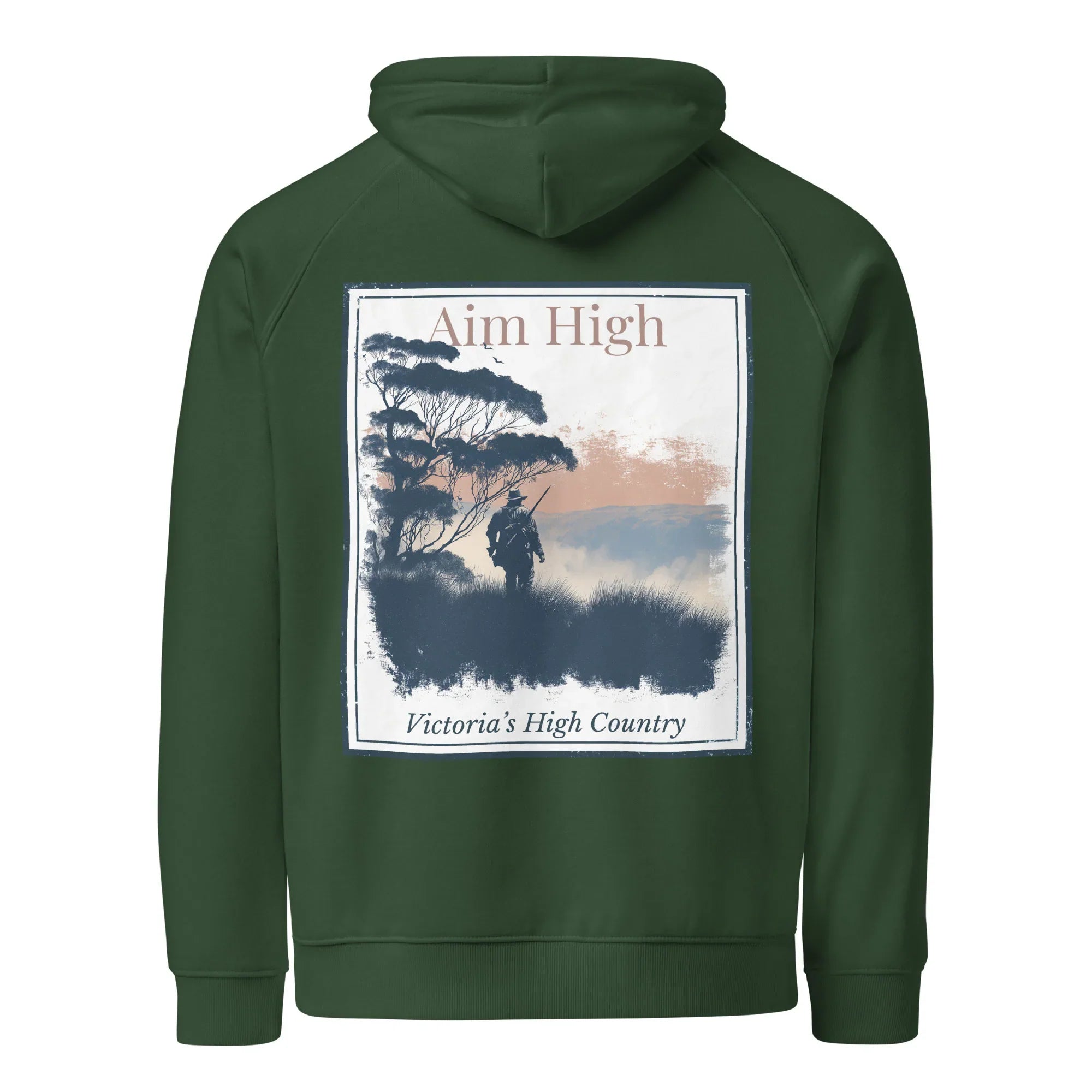 Green eco hoodie with large back graphic panel and drawstring hood