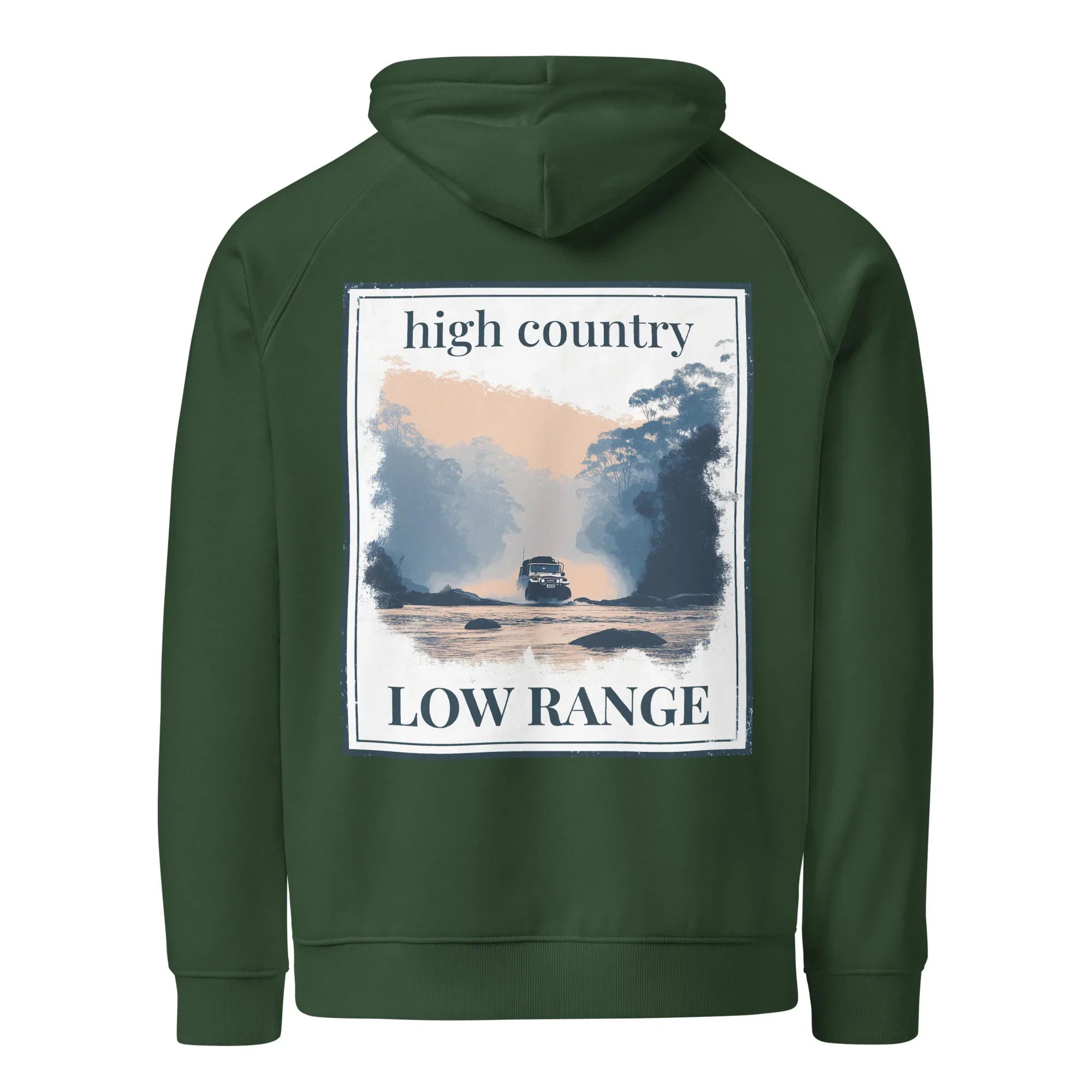 Bottle green eco hoodie with hood and large back graphic print panel