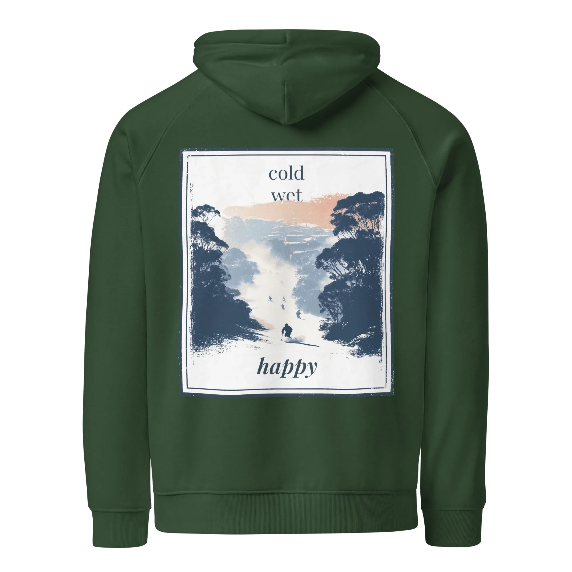 Bottle green hoodie with large square cold wet happy graphic on back and drawstring hood