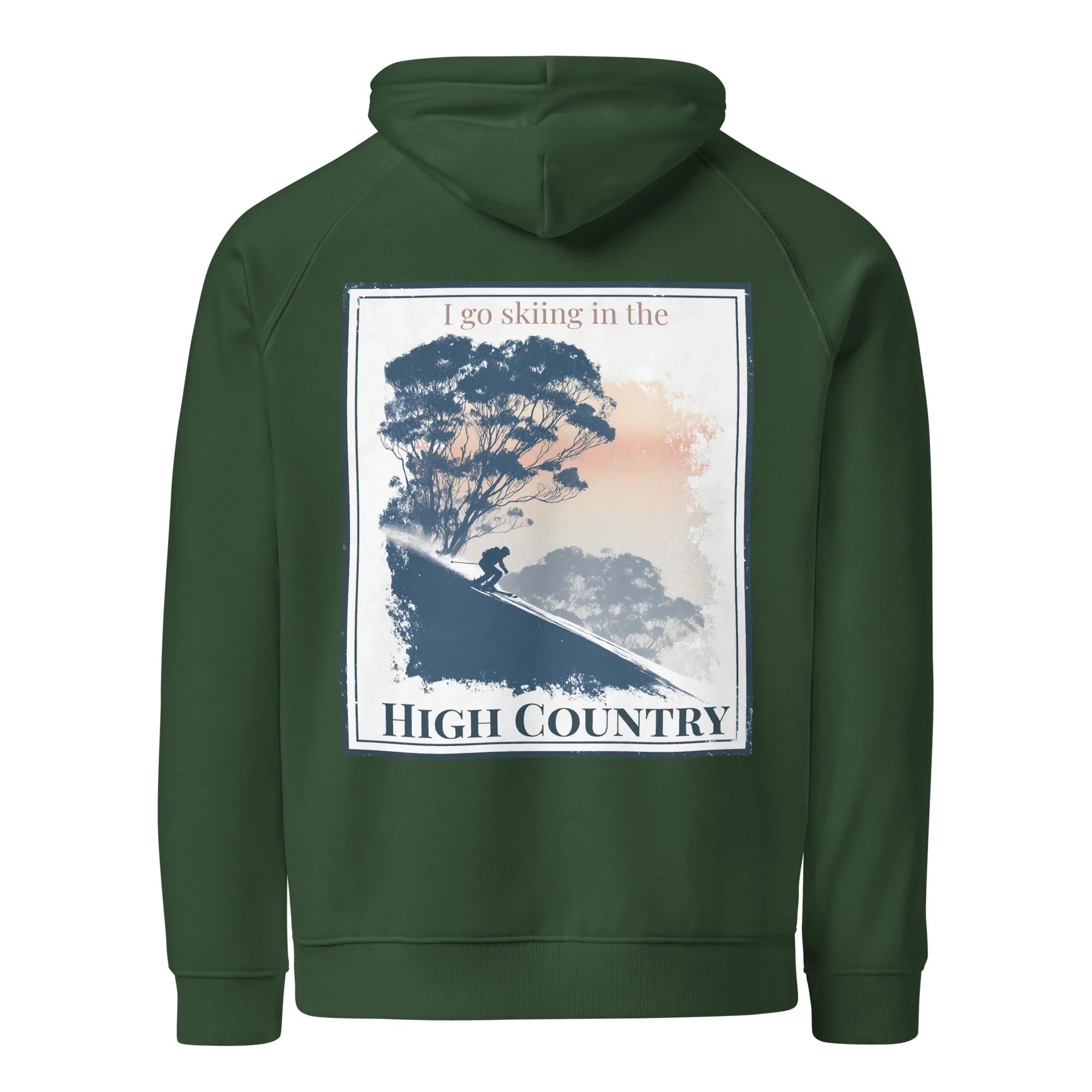 Bottle green pullover hoodie with hood and front pocket, featuring a large back “High Country” graphic.