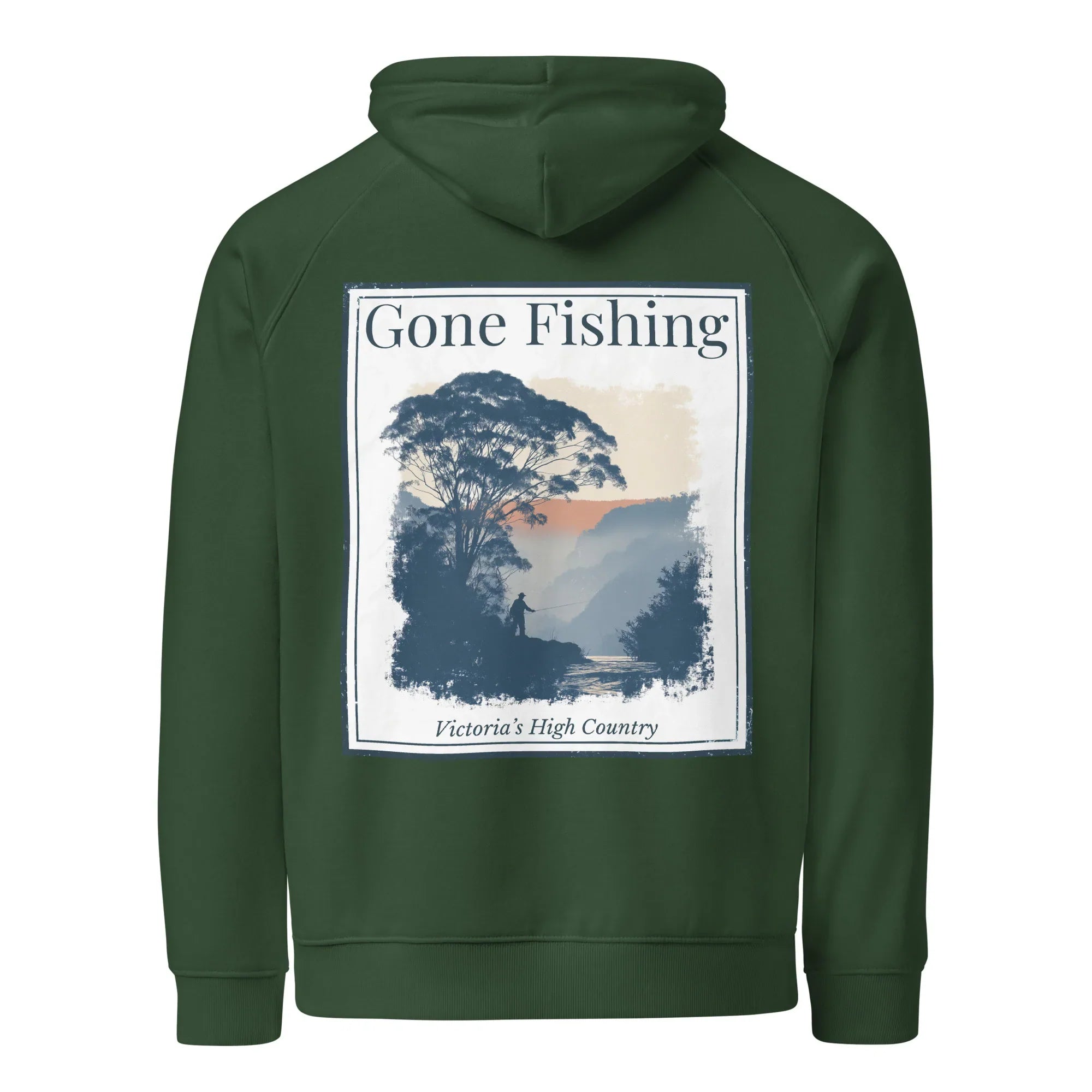 Eco hoodie in bottle green with large back “Gone Fishing” print and hood.