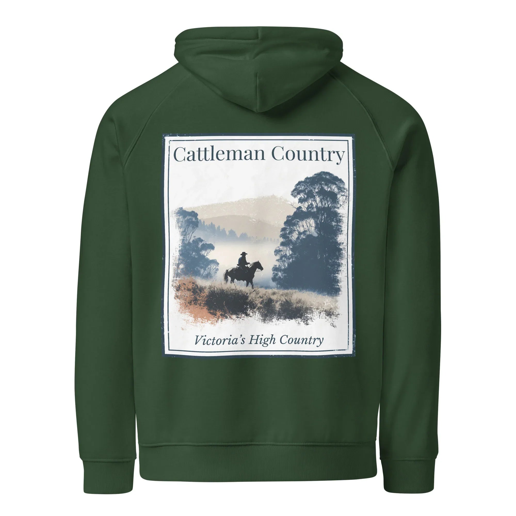 Bottle green eco hoodie with large back graphic print, hood, and kangaroo pocket