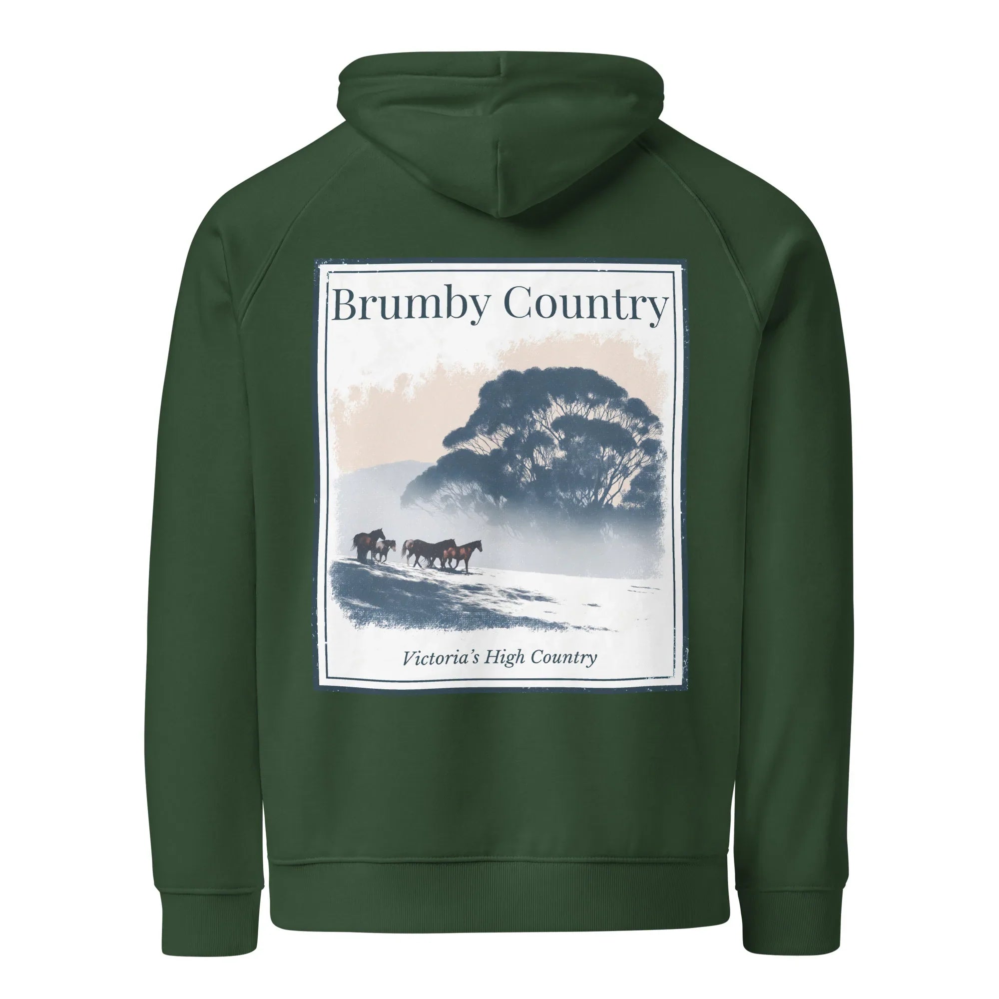 Bottle green eco hoodie with large back graphic print and Brumby Country text