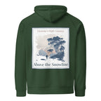 Eco hoodie, bottle green, front square graphic print with trees and text 'Above the Snowline'