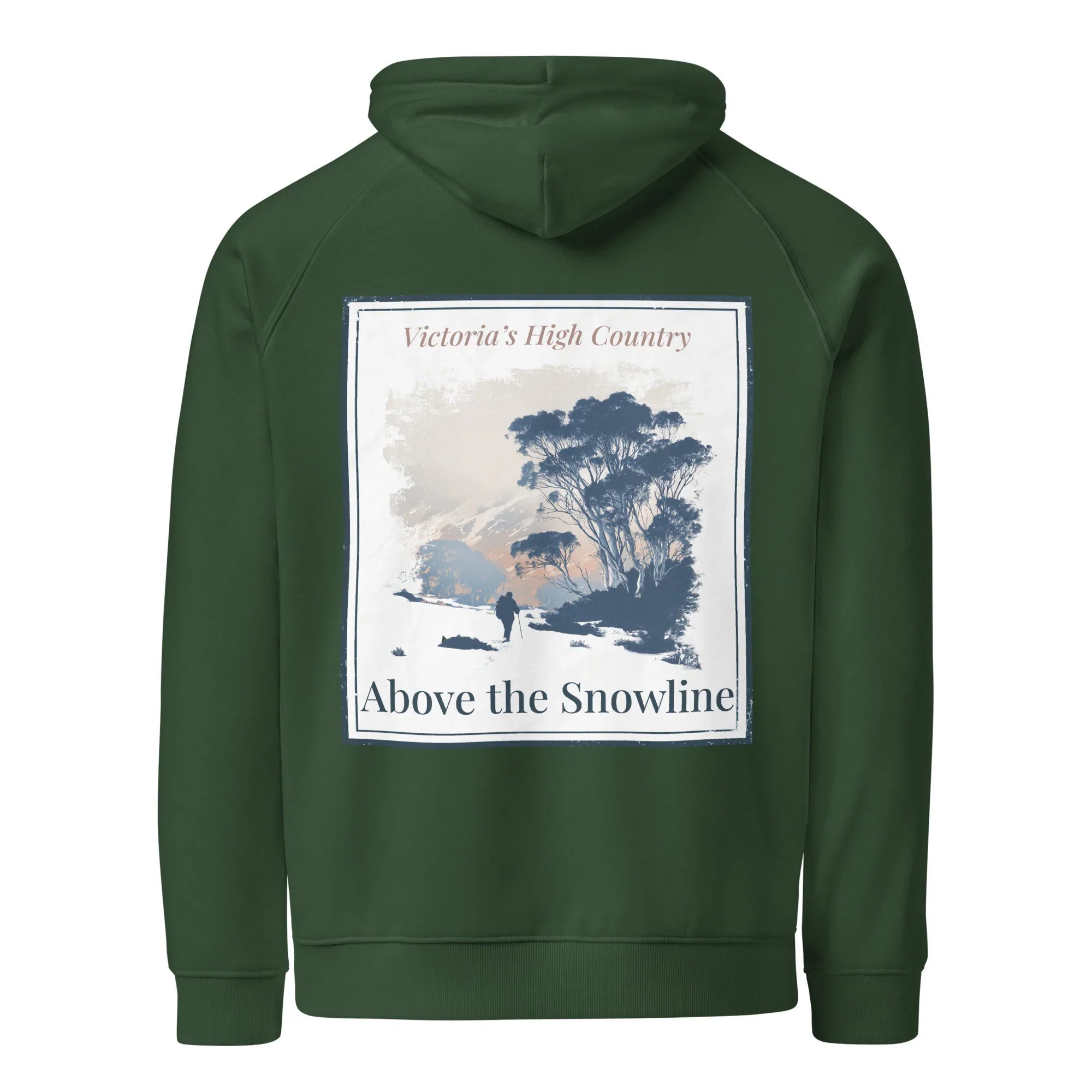 Eco hoodie, bottle green, front square graphic print with trees and text 'Above the Snowline'