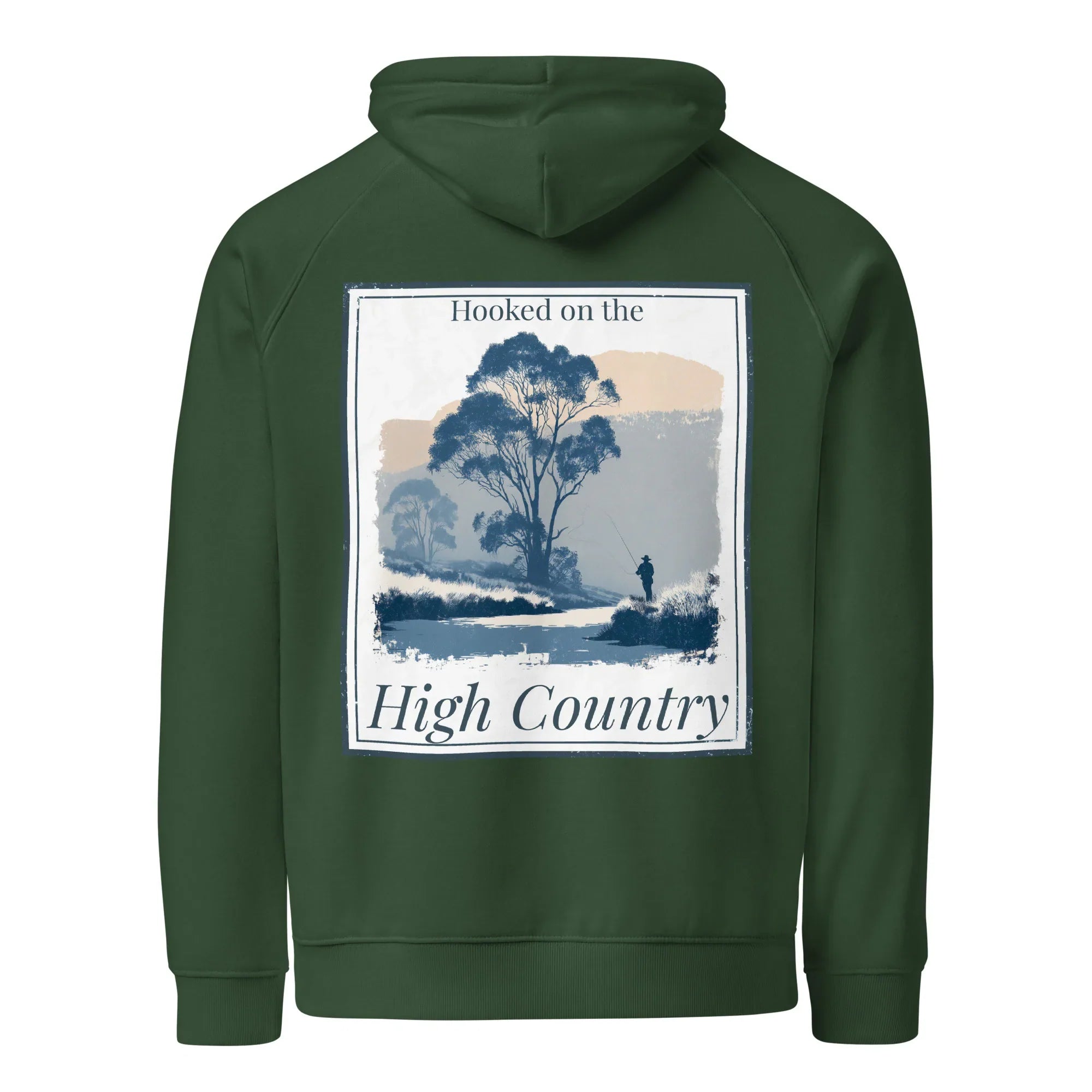Bottle green hoodie with hood and large back “High Country” graphic