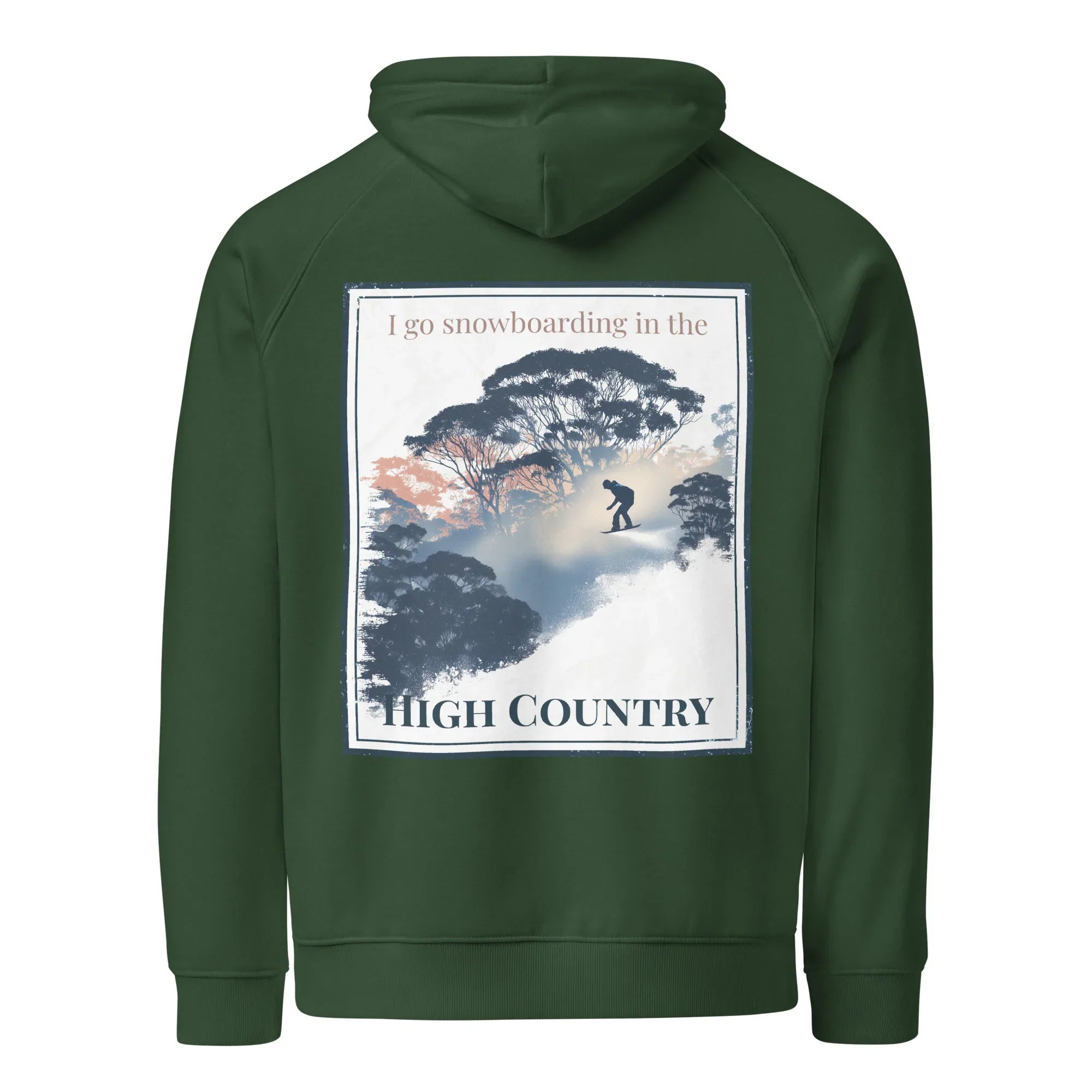 Bottle green eco hoodie with centered back graphic and hood