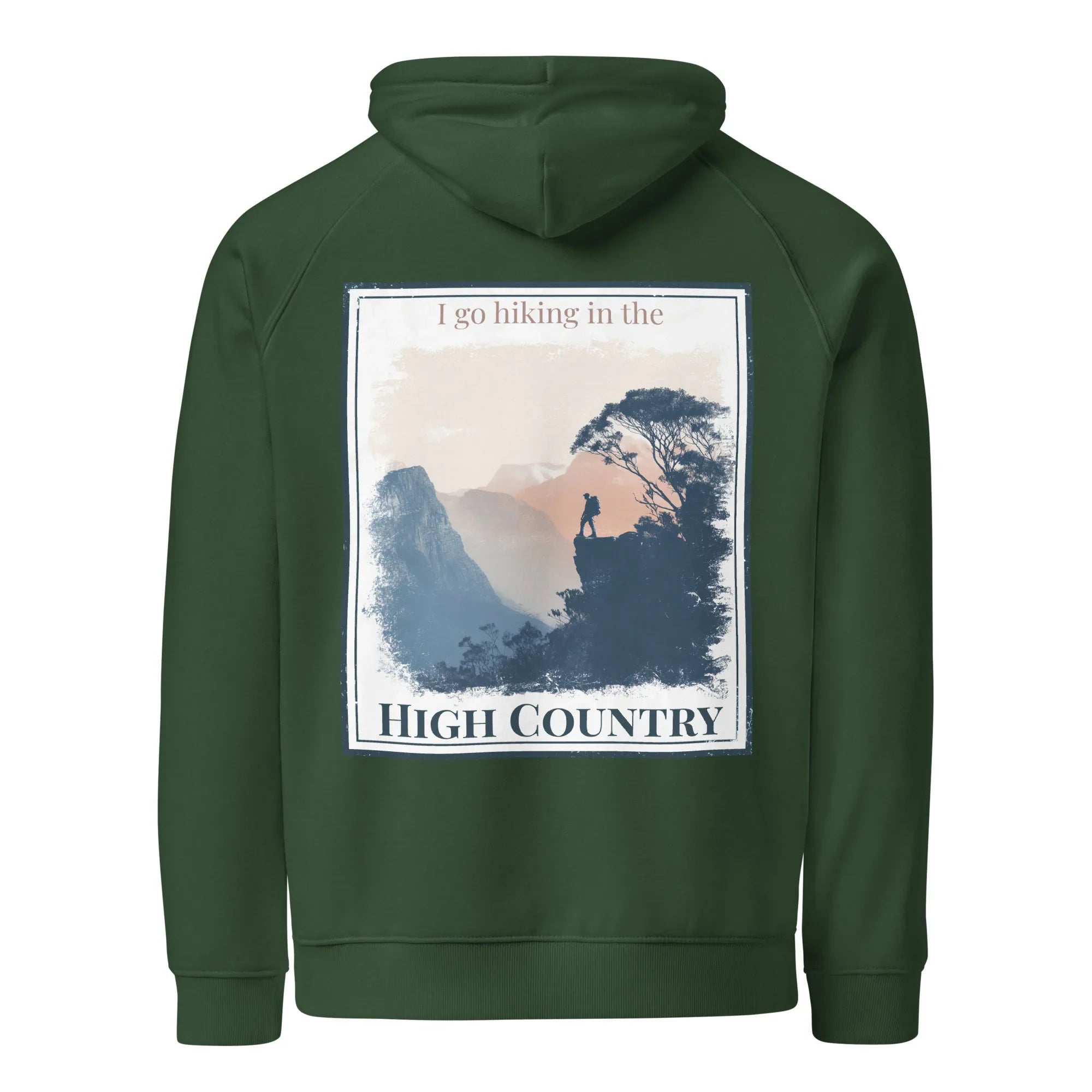 Bottle green hoodie with central 'High Country' graphic and hood drawstring