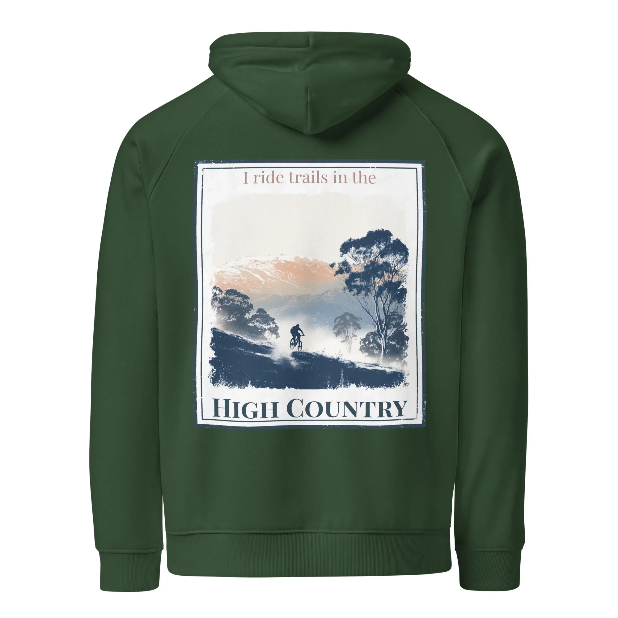 Bottle green hoodie, back view, with square scenic graphic and “High Country” text