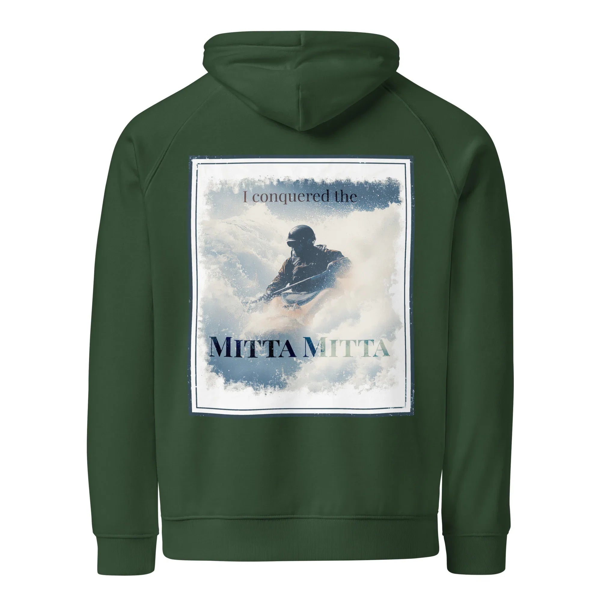 Bottle green hoodie with front center square scenic graphic and drawstring hood
