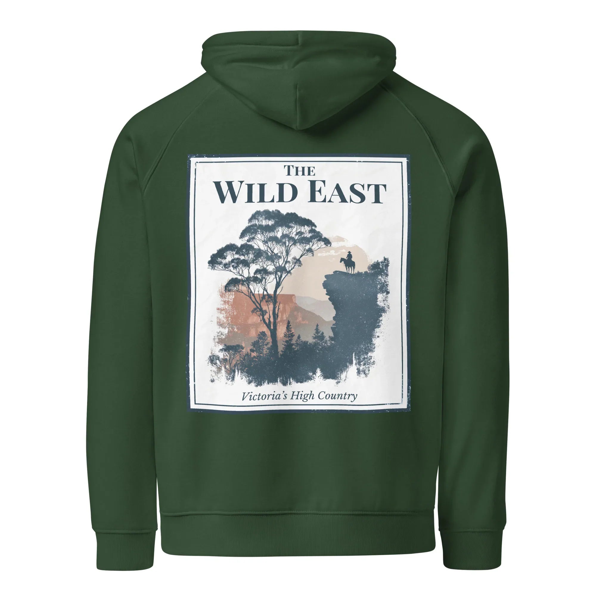 Bottle green eco hoodie with large square Wild East back graphic and trees print