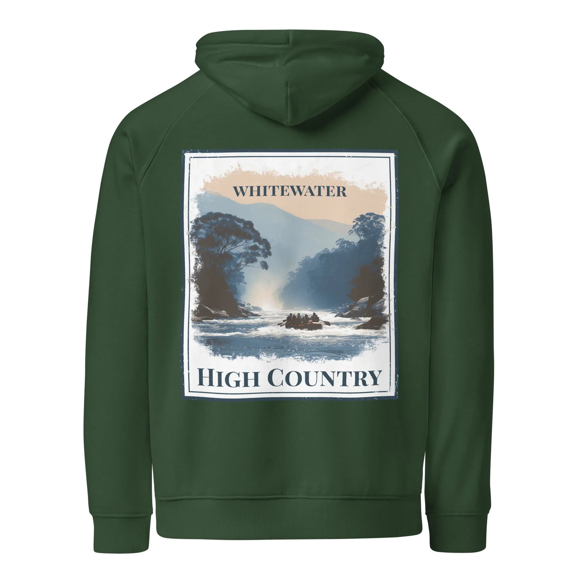 Eco hoodie in bottle green, back view, with “WHITEWATER” and “HIGH COUNTRY” graphic