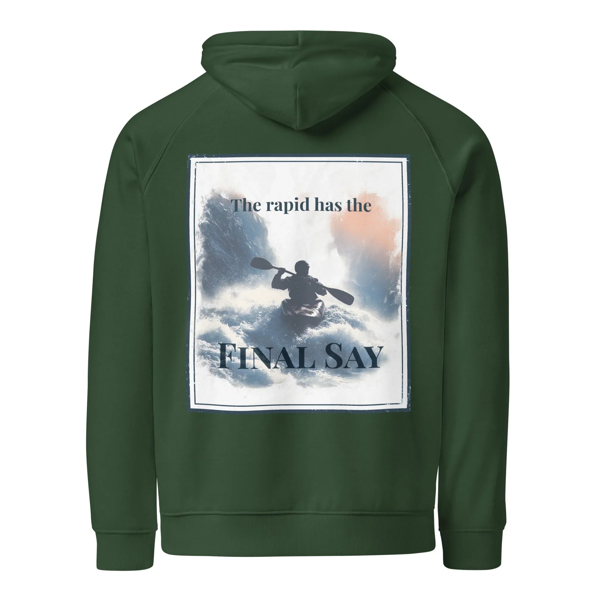 Bottle green eco hoodie with hood, kangaroo pocket, and back graphic print
