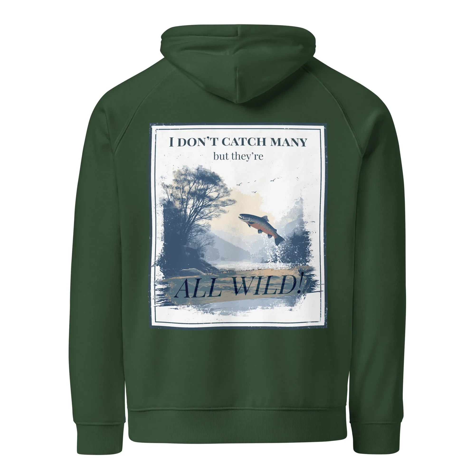 Bottle green hoodie with centered back rectangular nature graphic and hood