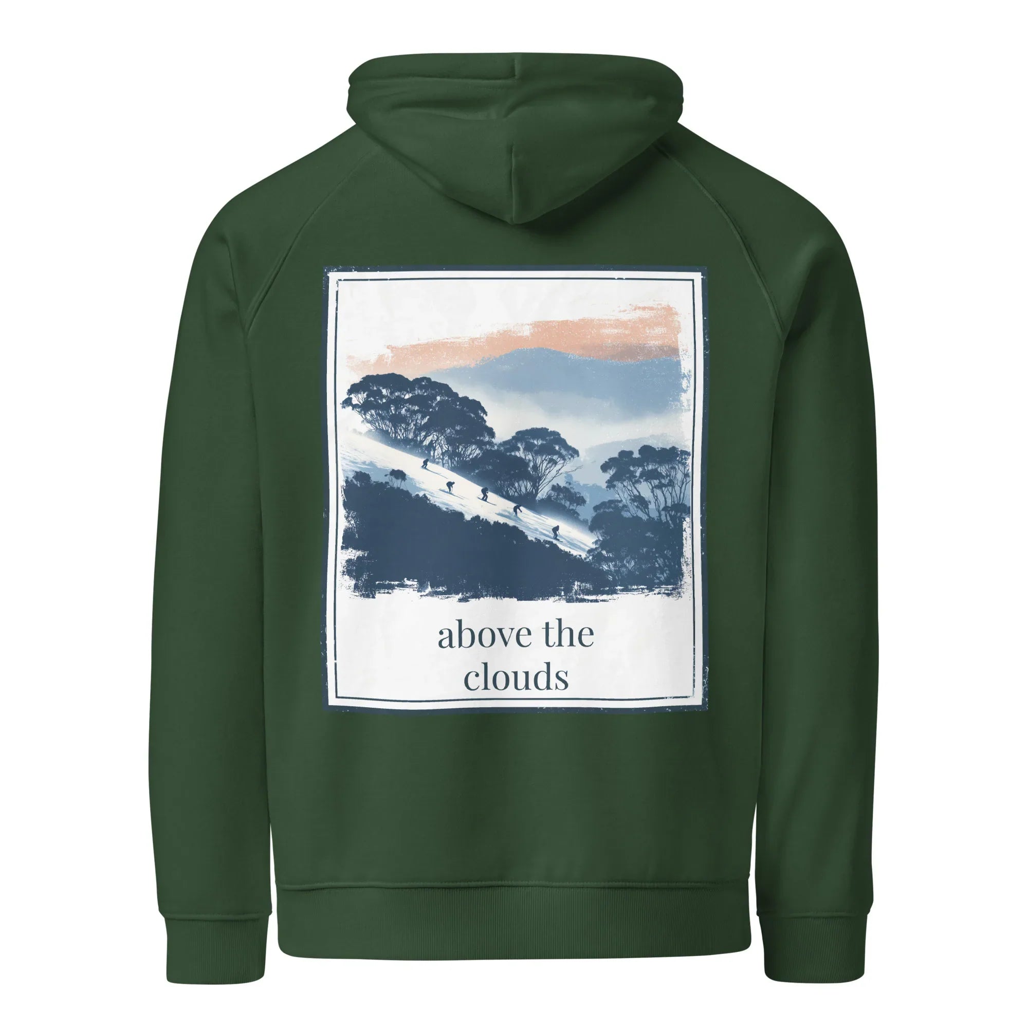 Bottle green hoodie with hood and large back square graphic print, 'above the clouds'.