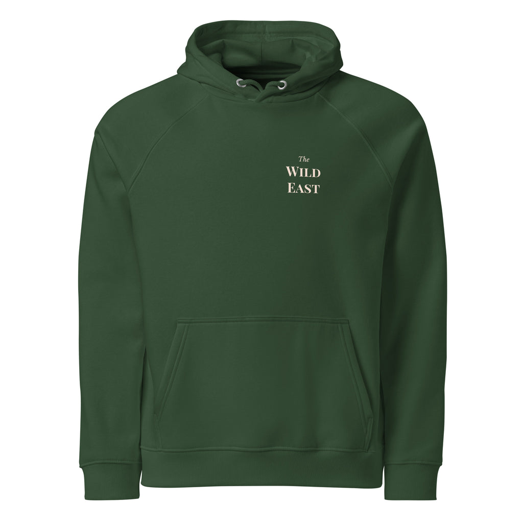 Bottle green hoodie with drawstring hood, front pocket, and chest text 'The Wild East'.