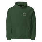 Bottle green hoodie with drawstring hood, front pocket, and chest text 'The Wild East'.