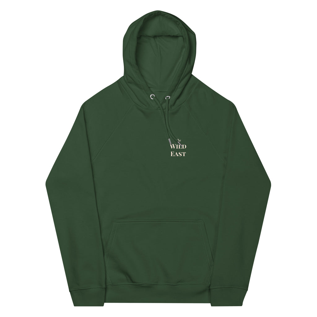 Green pullover hoodie with hood, drawstrings, front pocket, and small chest “Wild East” logo.