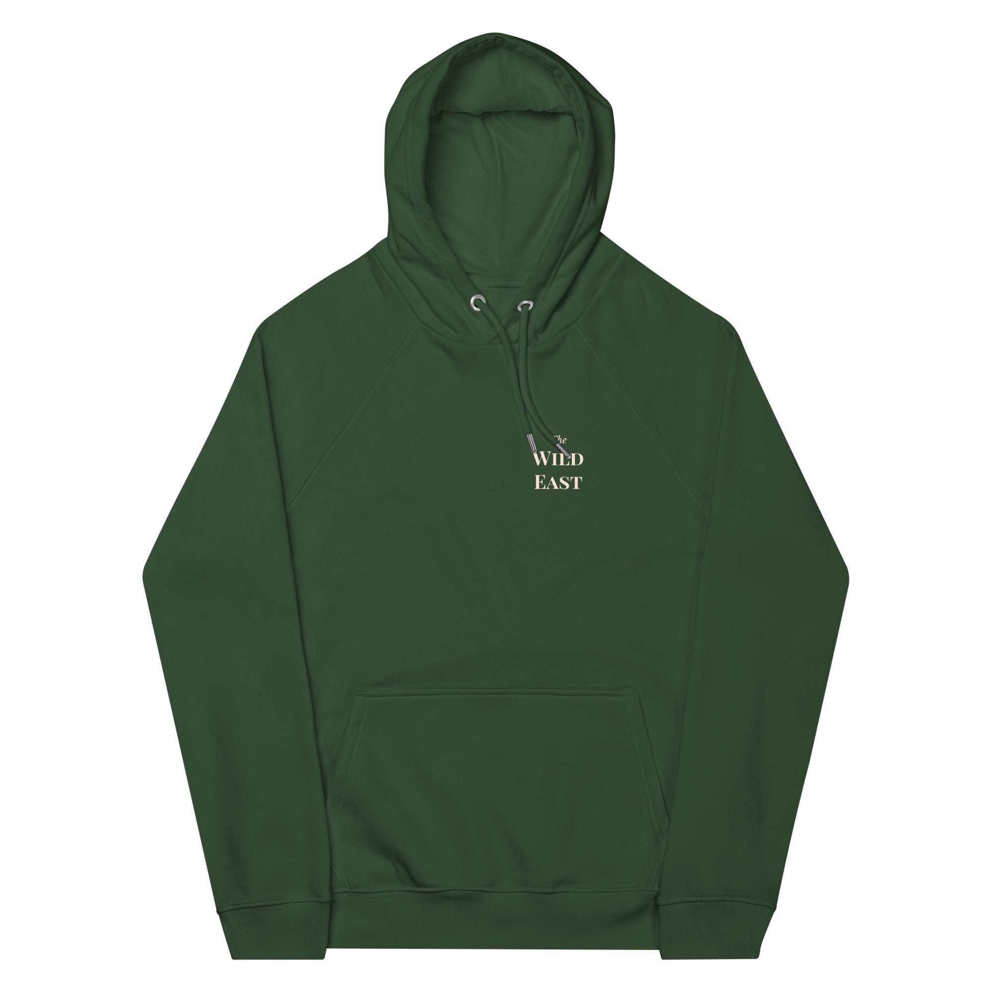 Bottle green hoodie with hood drawstring, kangaroo pocket, and "The Wild East" chest print