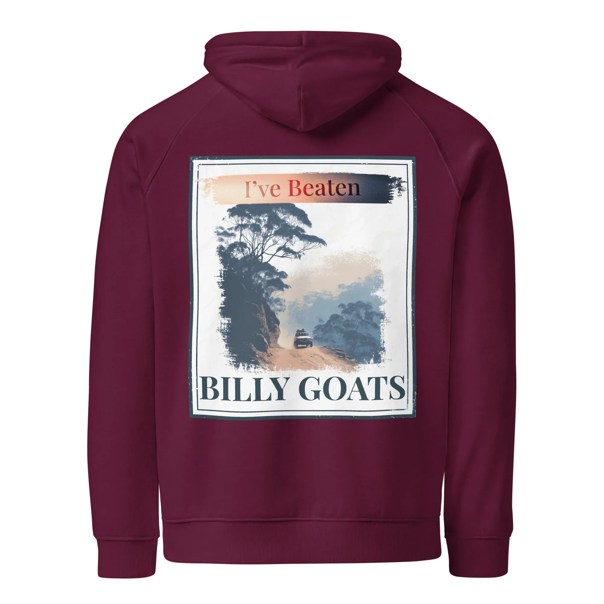 Burgundy eco hoodie with hood and large back graphic, “BILLY GOATS” text