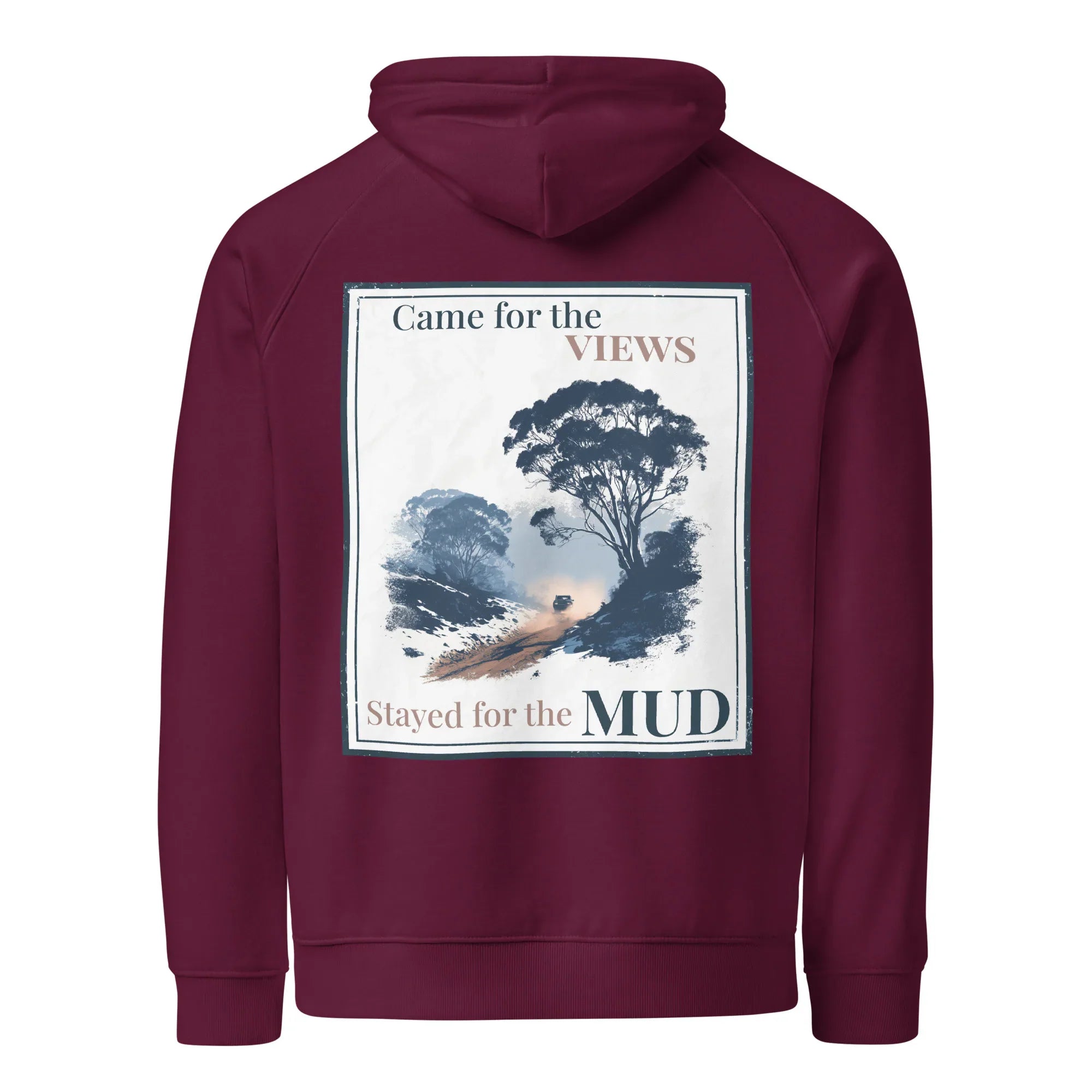 Burgundy hoodie with back graphic panel print, hood, and kangaroo pocket